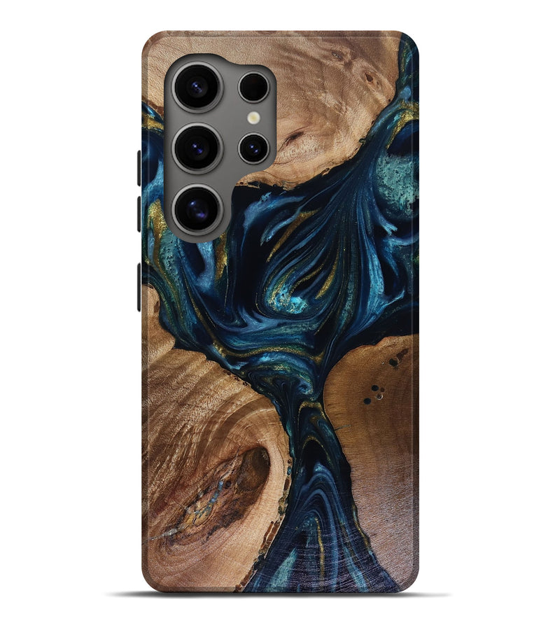 Galaxy S25 Ultra Wood Live Edge Phone Case - Trina (Teal & Gold, 817943)