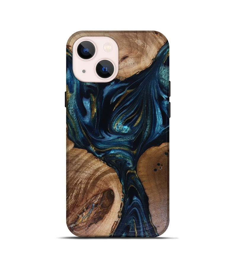 iPhone 13 mini Wood Live Edge Phone Case - Trina (Teal & Gold, 817943)