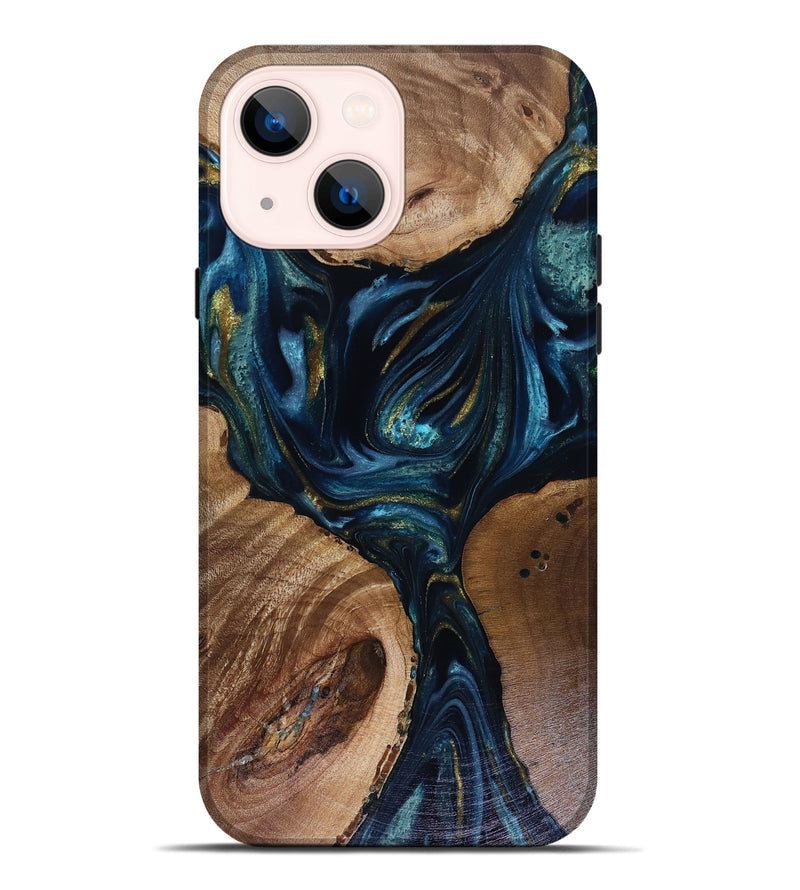 iPhone 14 Plus Wood Live Edge Phone Case - Trina (Teal & Gold, 817943)