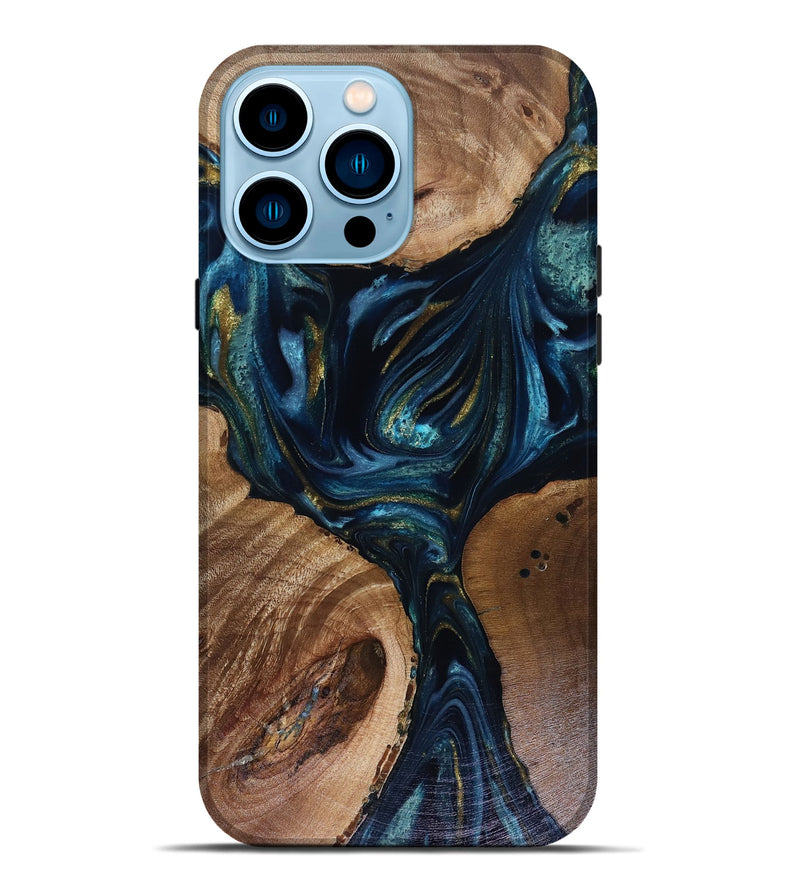 iPhone 14 Pro Max Wood Live Edge Phone Case - Trina (Teal & Gold, 817943)