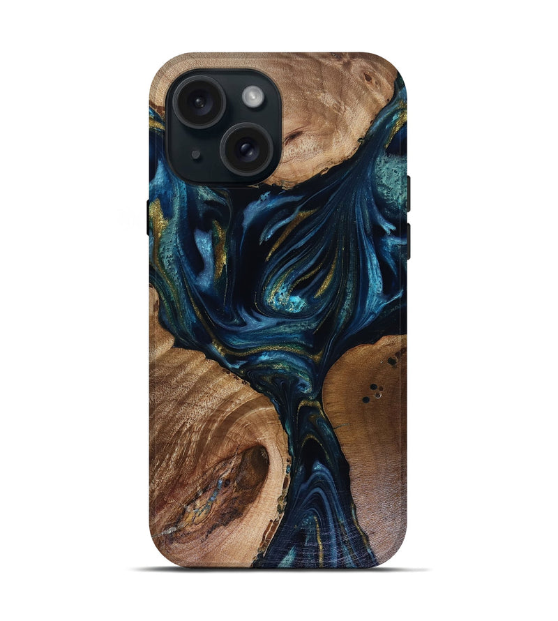 iPhone 15 Wood Live Edge Phone Case - Trina (Teal & Gold, 817943)