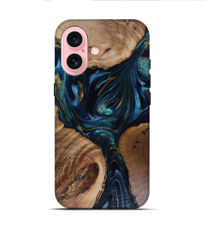 iPhone 16 Wood Live Edge Phone Case - Trina (Teal & Gold, 817943)