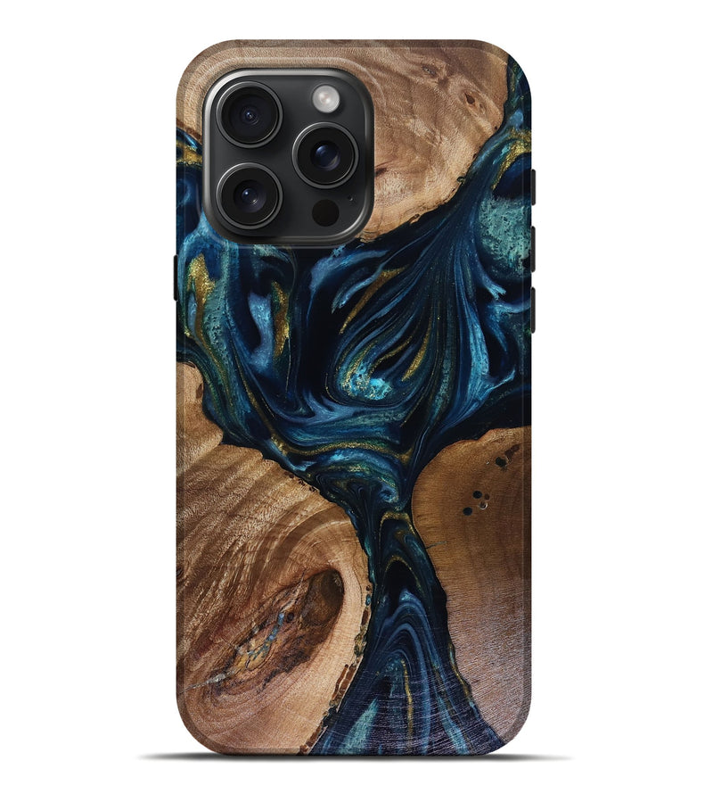 iPhone 16 Pro Max Wood Live Edge Phone Case - Trina (Teal & Gold, 817943)
