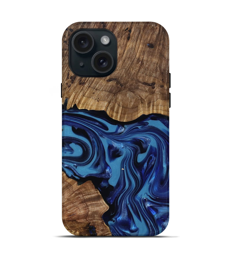 iPhone 15 Wood Live Edge Phone Case - Domenic (Blue, 818006)
