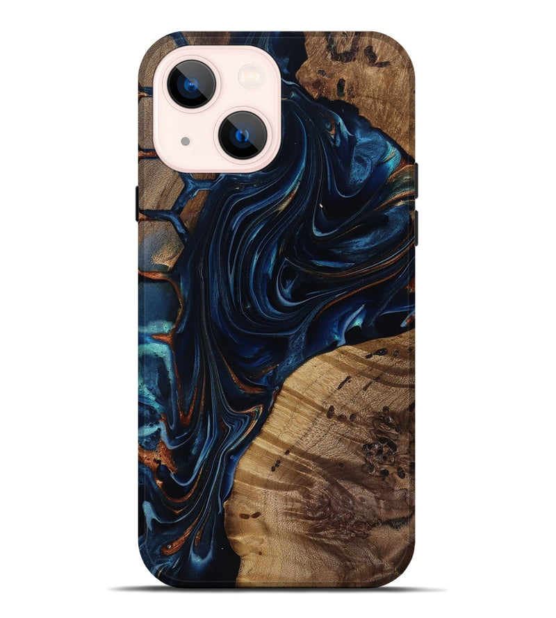 iPhone 14 Plus Wood Live Edge Phone Case - Davian (Teal & Gold, 818027)