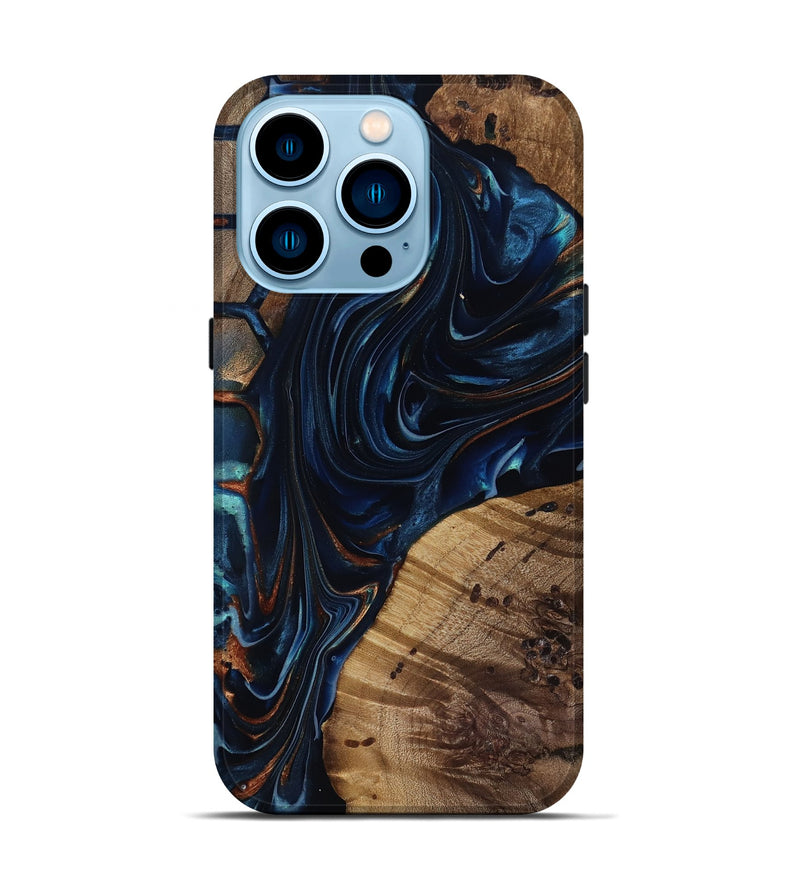 iPhone 14 Pro Wood Live Edge Phone Case - Davian (Teal & Gold, 818027)
