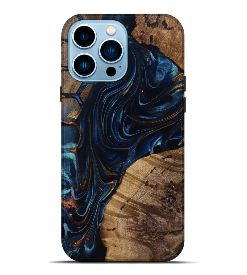 iPhone 14 Pro Max Wood Live Edge Phone Case - Davian (Teal & Gold, 818027)