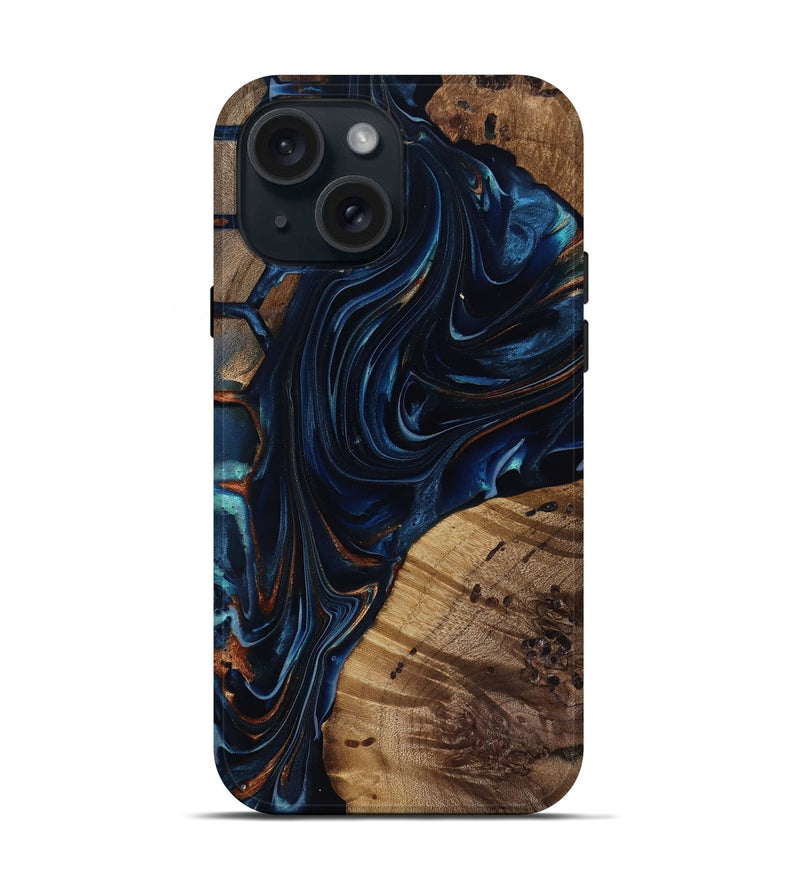 iPhone 15 Wood Live Edge Phone Case - Davian (Teal & Gold, 818027)