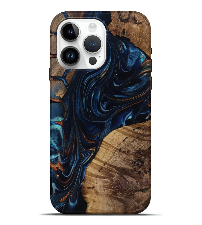 iPhone 15 Pro Max Wood Live Edge Phone Case - Davian (Teal & Gold, 818027)