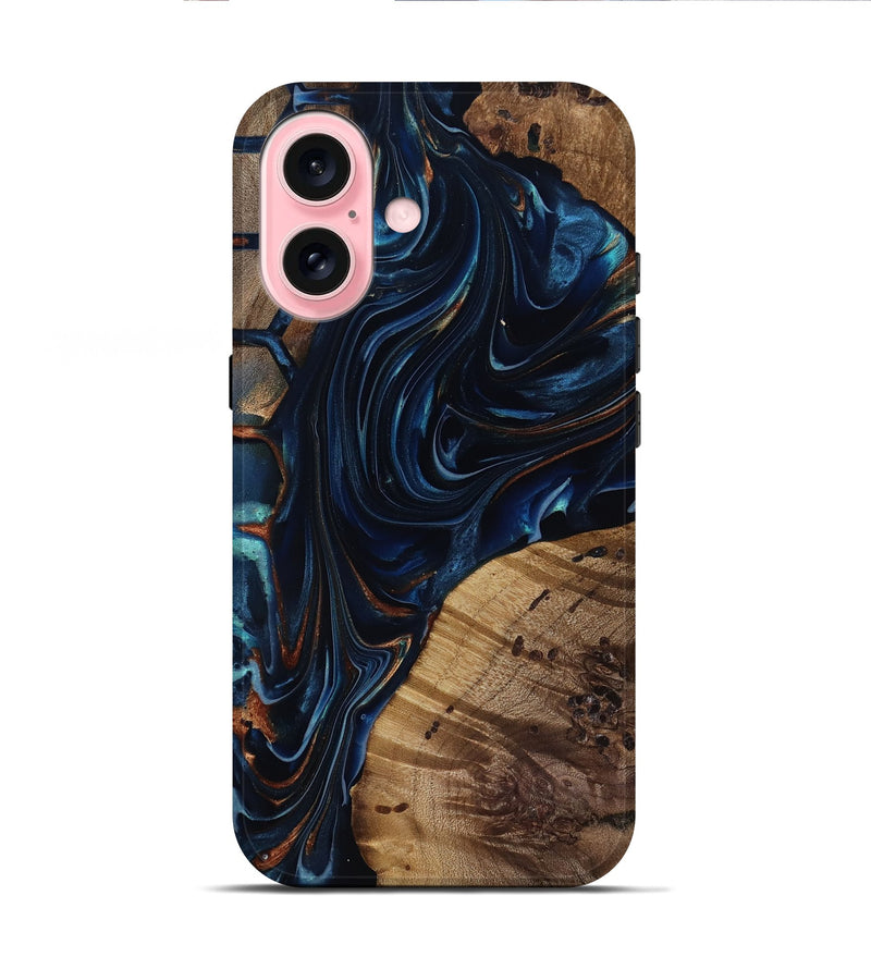 iPhone 16 Wood Live Edge Phone Case - Davian (Teal & Gold, 818027)