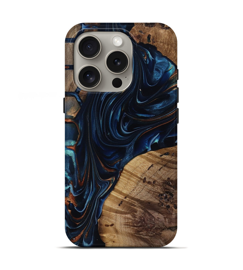 iPhone 16 Pro Wood Live Edge Phone Case - Davian (Teal & Gold, 818027)
