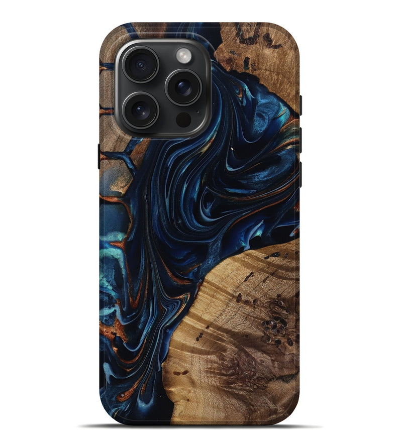 iPhone 16 Pro Max Wood Live Edge Phone Case - Davian (Teal & Gold, 818027)