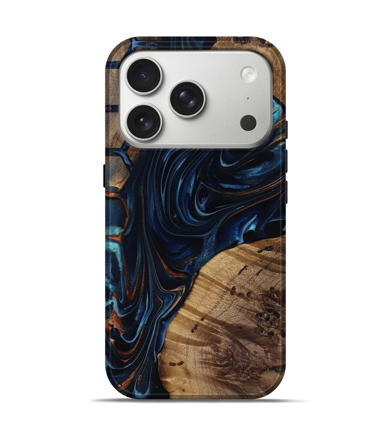 iPhone 17 Pro Wood Live Edge Phone Case - Davian (Teal & Gold, 818027)