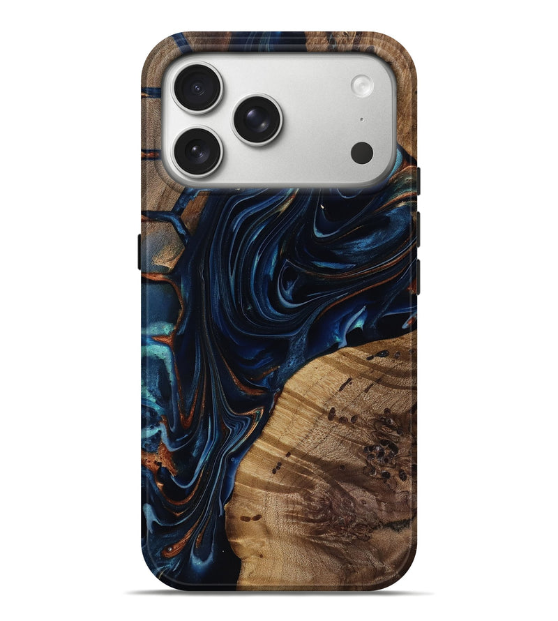 iPhone 17 Pro Max Wood Live Edge Phone Case - Davian (Teal & Gold, 818027)