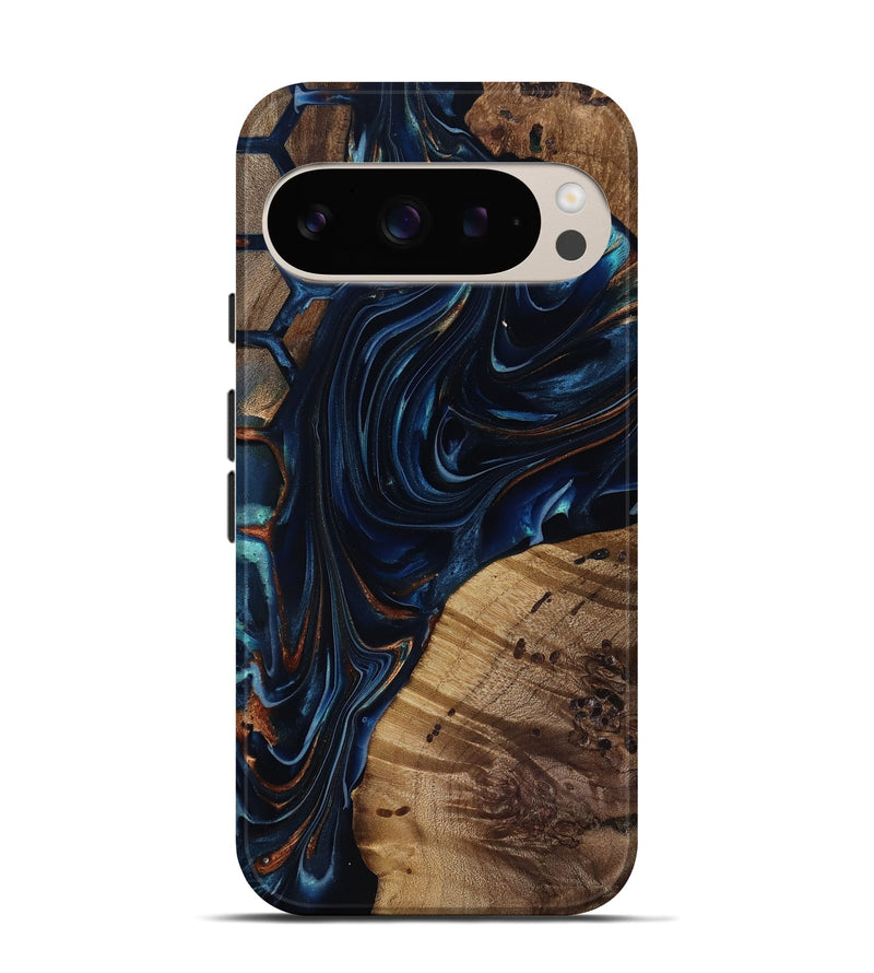 Pixel 9 Pro Wood Live Edge Phone Case - Davian (Teal & Gold, 818027)