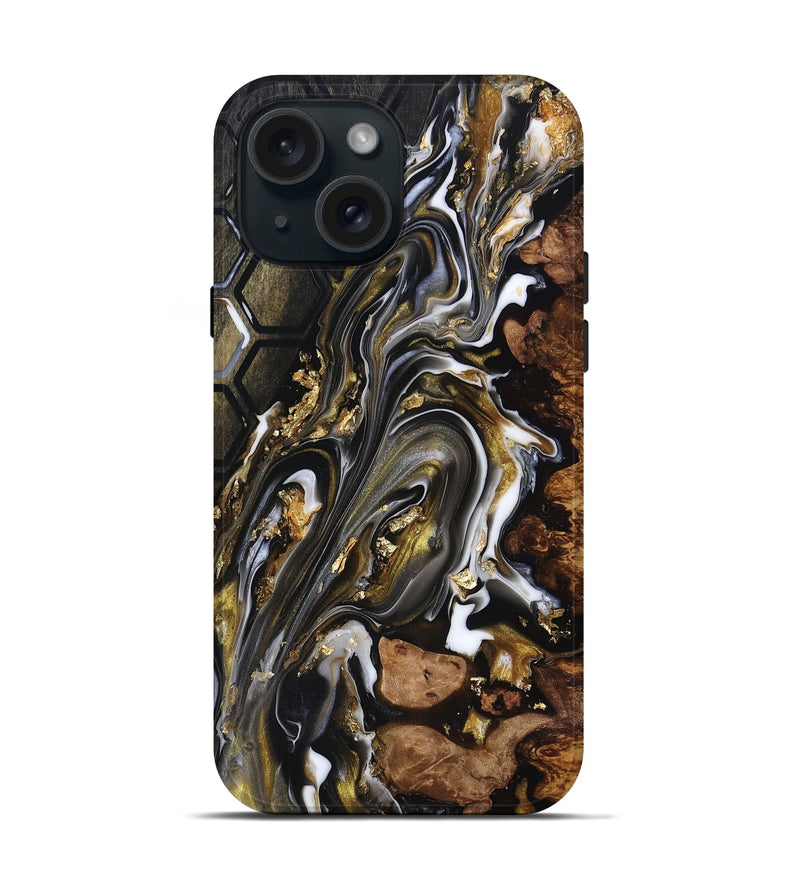 iPhone 15 Wood Live Edge Phone Case - Latoya (Black & White, 818029)