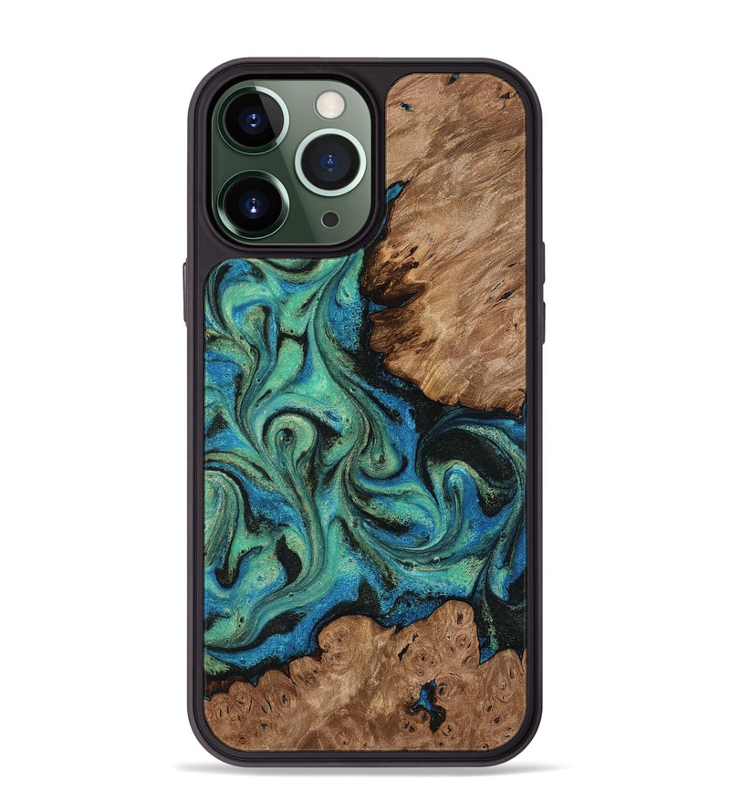 iPhone 13 Pro Max Wood Phone Case - Marva (Teal & Gold, 818127)
