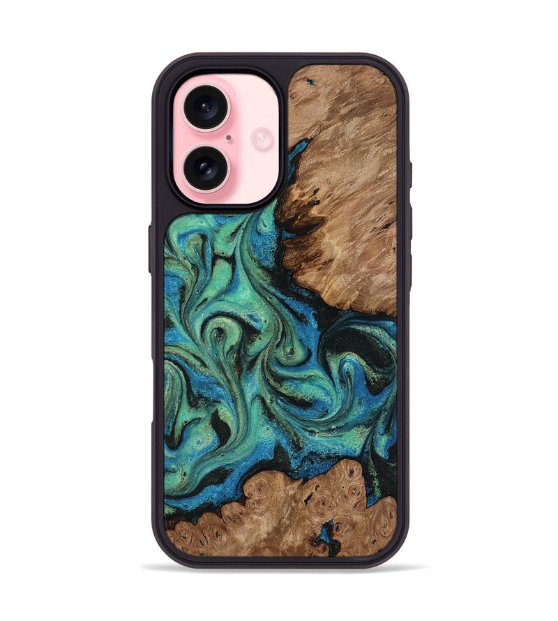 iPhone 16 Wood Phone Case - Marva (Teal & Gold, 818127)