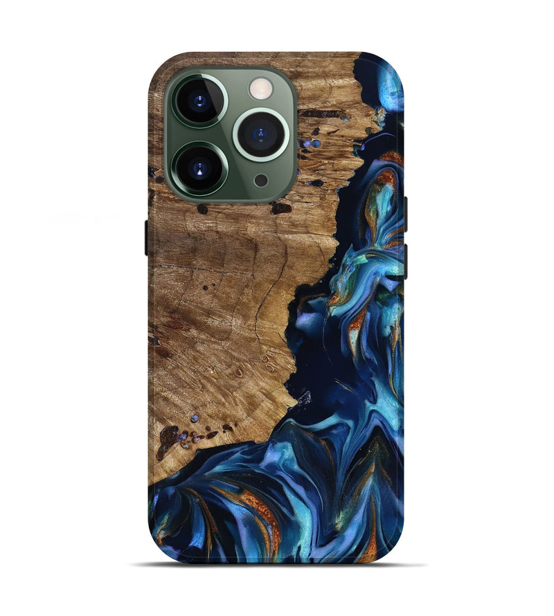 iPhone 13 Pro Wood Live Edge Phone Case - Azariah (Teal & Gold, 818249)