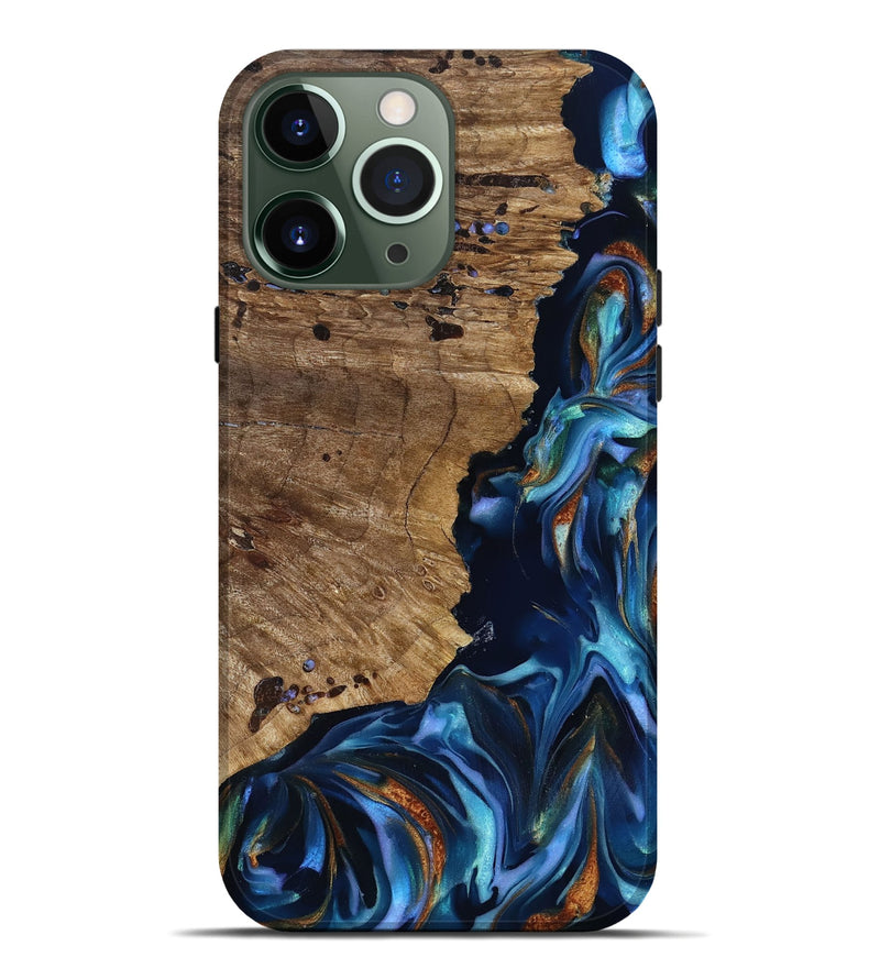 iPhone 13 Pro Max Wood Live Edge Phone Case - Azariah (Teal & Gold, 818249)