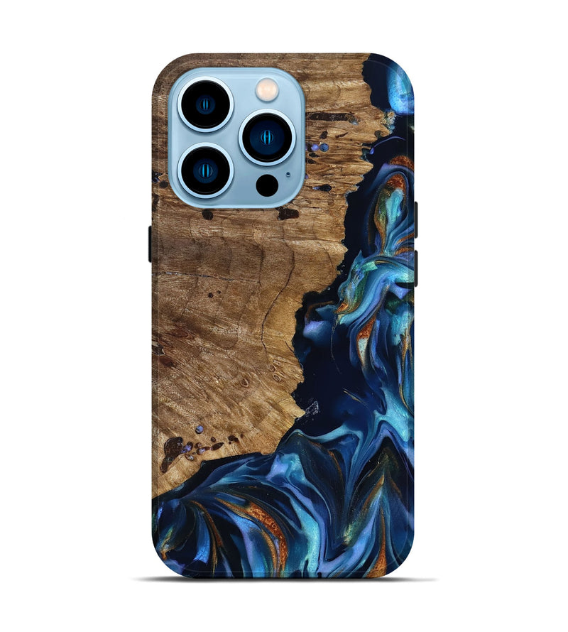 iPhone 14 Pro Wood Live Edge Phone Case - Azariah (Teal & Gold, 818249)