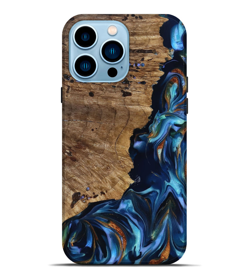 iPhone 14 Pro Max Wood Live Edge Phone Case - Azariah (Teal & Gold, 818249)