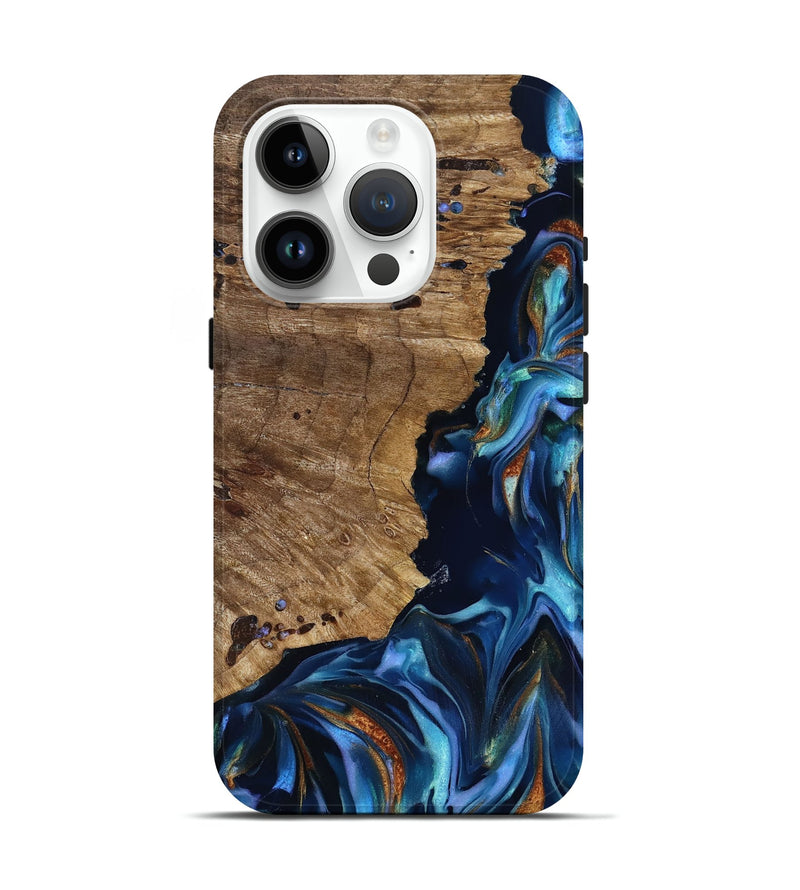 iPhone 15 Pro Wood Live Edge Phone Case - Azariah (Teal & Gold, 818249)