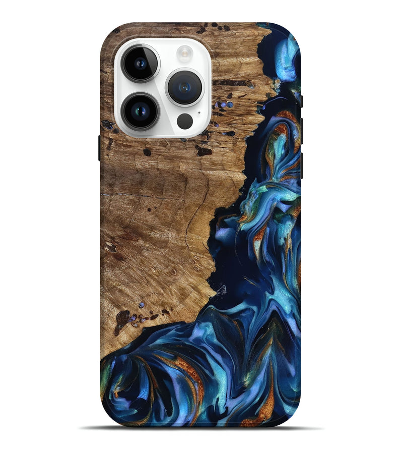 iPhone 15 Pro Max Wood Live Edge Phone Case - Azariah (Teal & Gold, 818249)
