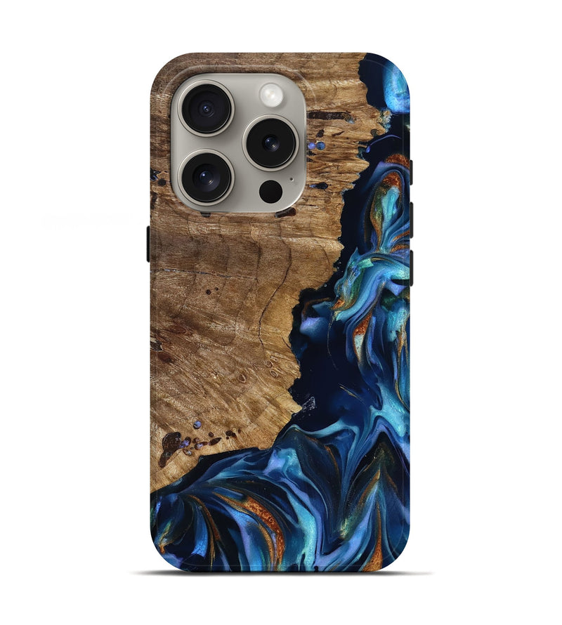 iPhone 16 Pro Wood Live Edge Phone Case - Azariah (Teal & Gold, 818249)
