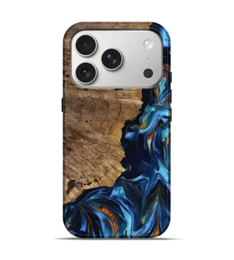 iPhone 17 Pro Wood Live Edge Phone Case - Azariah (Teal & Gold, 818249)