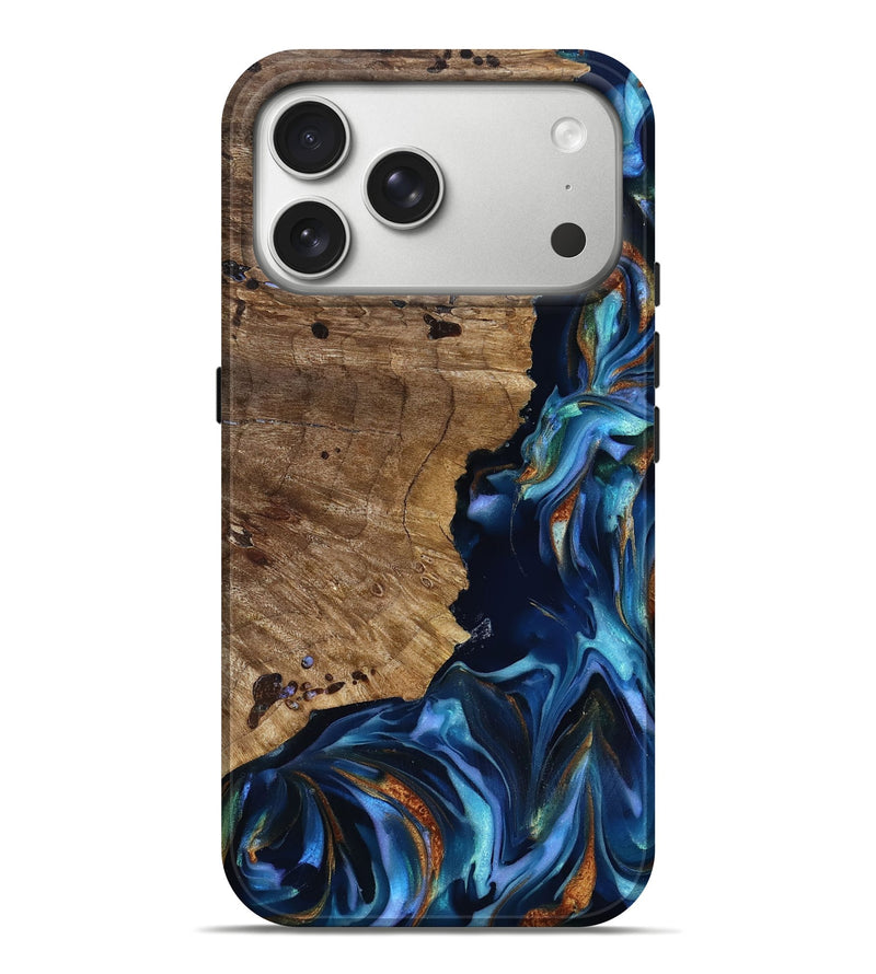iPhone 17 Pro Max Wood Live Edge Phone Case - Azariah (Teal & Gold, 818249)