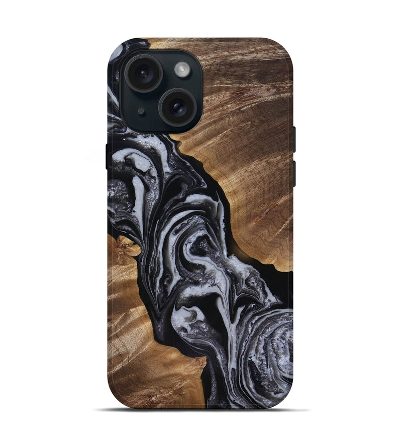 iPhone 15 Wood Live Edge Phone Case - Siena (Black & White, 818251)