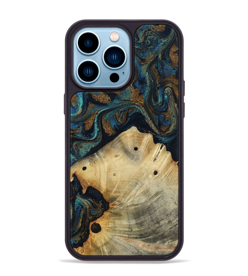 iPhone 14 Pro Max Wood Phone Case - Morris (Teal & Gold, 818482)