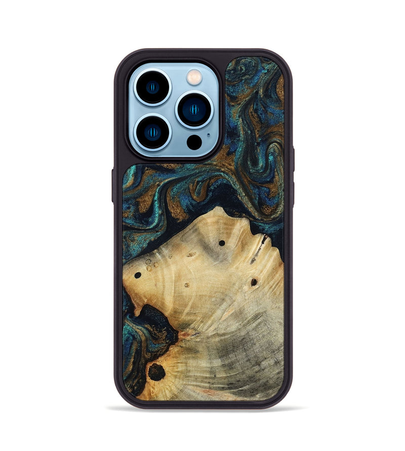 iPhone 14 Pro Wood Phone Case - Morris (Teal & Gold, 818482)