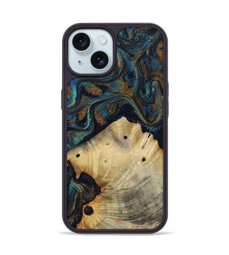 iPhone 15 Wood Phone Case - Morris (Teal & Gold, 818482)