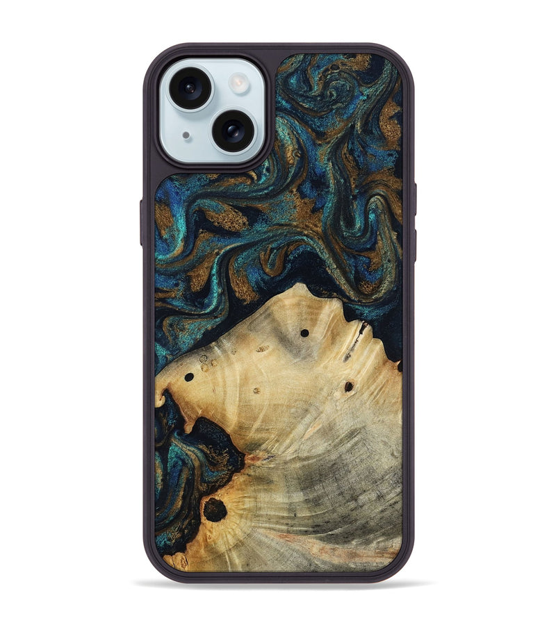 iPhone 15 Plus Wood Phone Case - Morris (Teal & Gold, 818482)