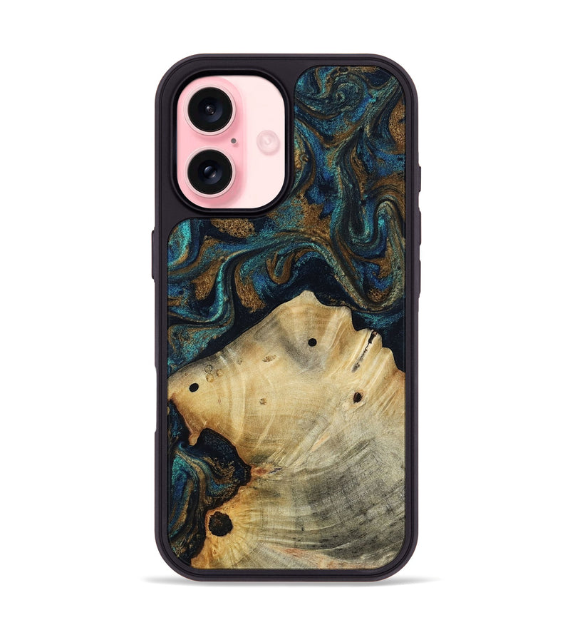 iPhone 16 Wood Phone Case - Morris (Teal & Gold, 818482)