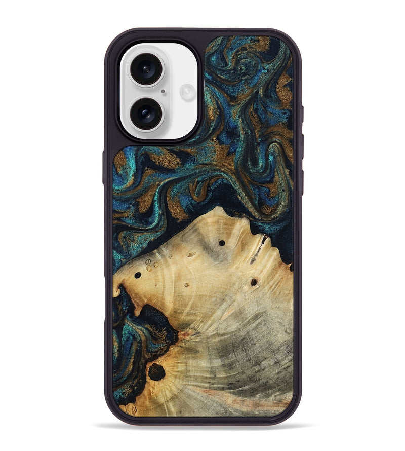 iPhone 16 Plus Wood Phone Case - Morris (Teal & Gold, 818482)