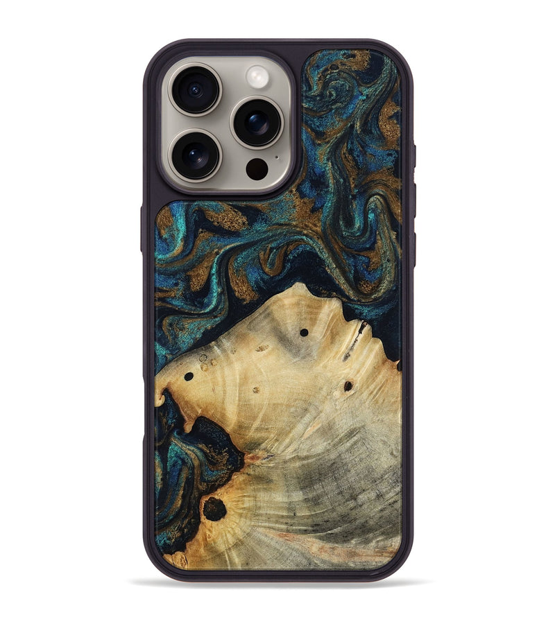 iPhone 16 Pro Max Wood Phone Case - Morris (Teal & Gold, 818482)