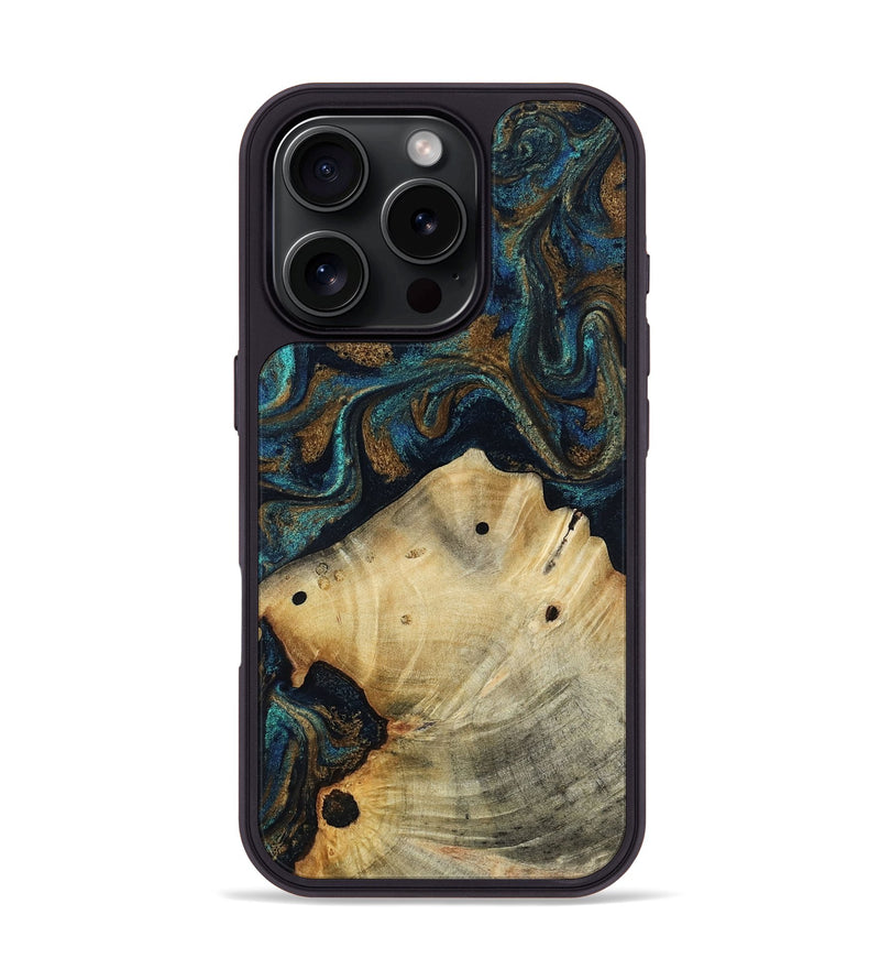 iPhone 16 Pro Wood Phone Case - Morris (Teal & Gold, 818482)