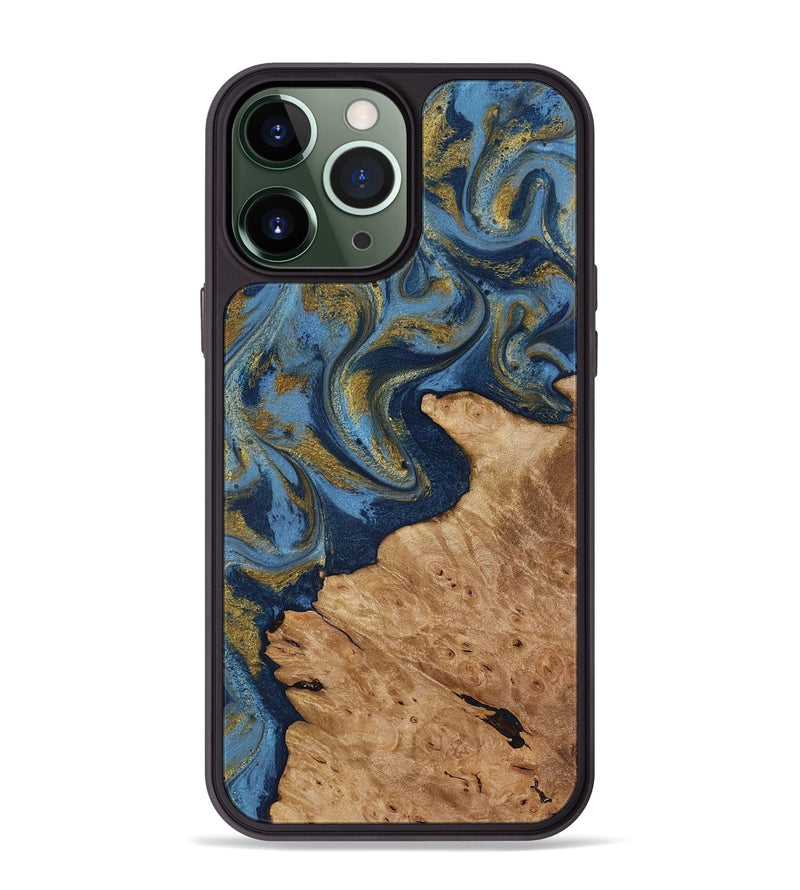 iPhone 13 Pro Max Wood Phone Case - Jaida (Teal & Gold, 818484)