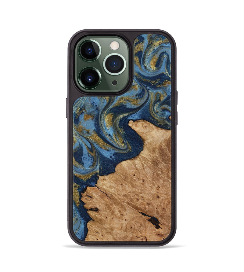 iPhone 13 Pro Wood Phone Case - Jaida (Teal & Gold, 818484)