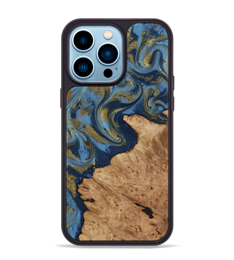 iPhone 14 Pro Max Wood Phone Case - Jaida (Teal & Gold, 818484)
