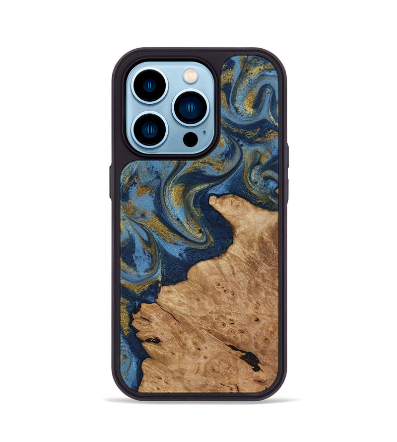 iPhone 14 Pro Wood Phone Case - Jaida (Teal & Gold, 818484)