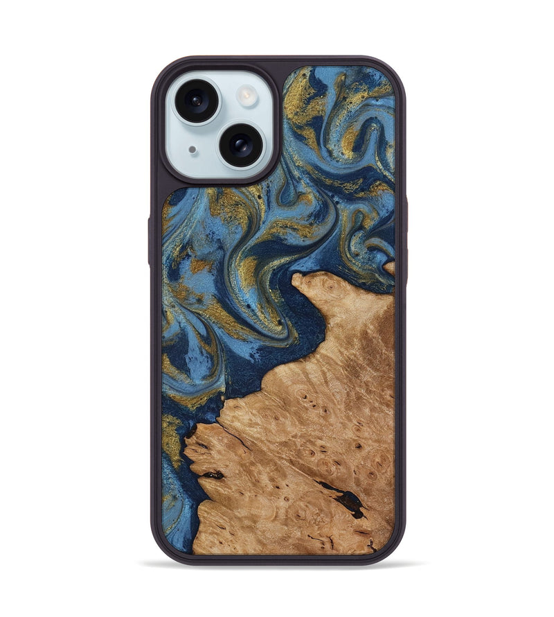 iPhone 15 Wood Phone Case - Jaida (Teal & Gold, 818484)