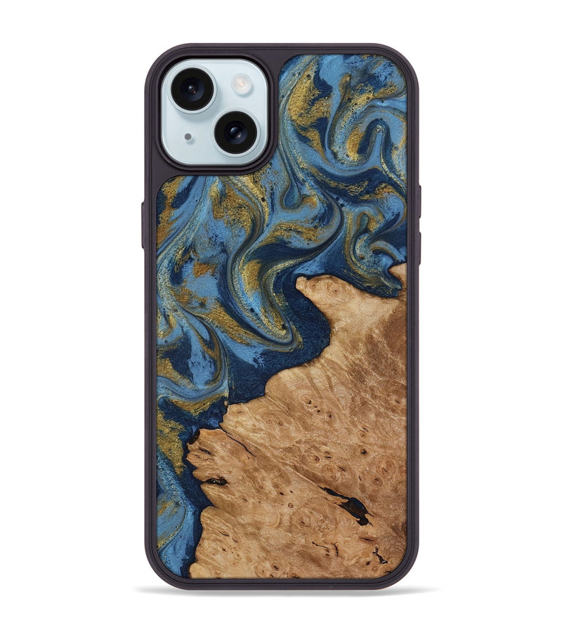 iPhone 15 Plus Wood Phone Case - Jaida (Teal & Gold, 818484)