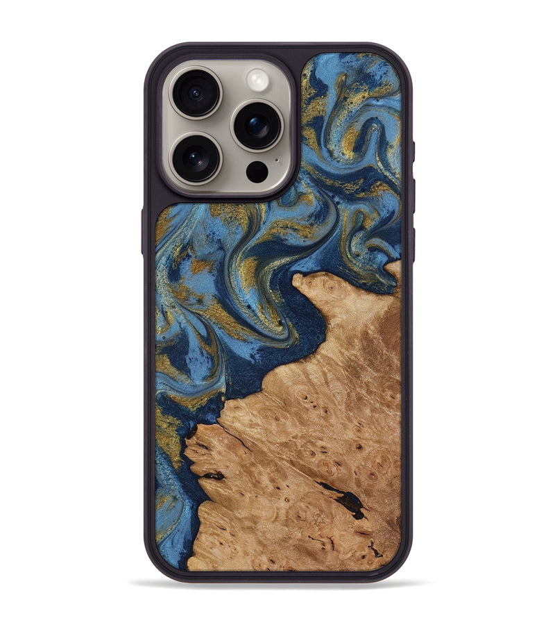iPhone 15 Pro Max Wood Phone Case - Jaida (Teal & Gold, 818484)