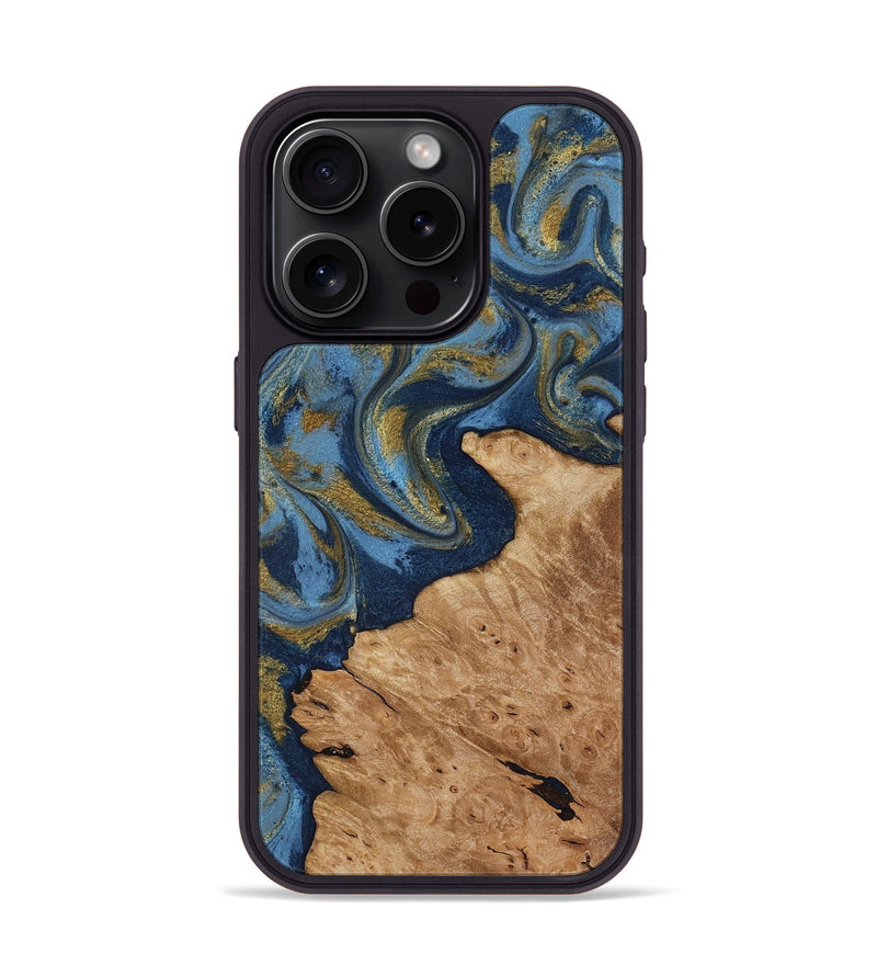 iPhone 15 Pro Wood Phone Case - Jaida (Teal & Gold, 818484)