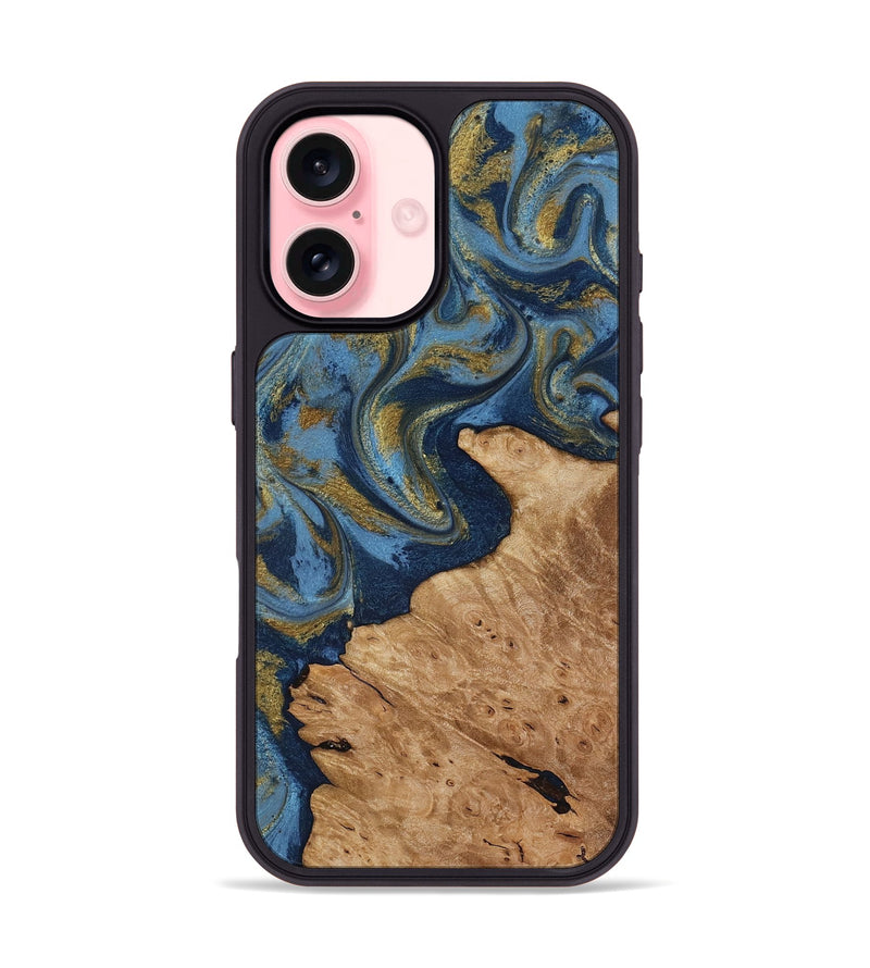 iPhone 16 Wood Phone Case - Jaida (Teal & Gold, 818484)