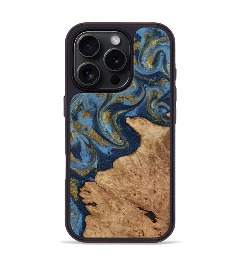 iPhone 16 Pro Wood Phone Case - Jaida (Teal & Gold, 818484)